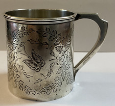 Edwardian Sterling Silver Butterfly Pattern Christening Mug 1909 Chester Antique