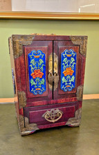 Vintage Chinese Rosewood Jewellery Cabinet Box  Enamel Panels Fitted Interior