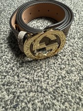 Beige Unisex Gucci Monogram Belt with Gold Buckle