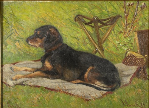 Antique dog oil painting - antique,