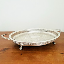 Vintage Silver Plated Oval Gallery Tray with Handles, Claw Feet - 37 x 25.5 cm