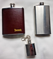 3 vintage hip flasks all stainless - RED LEATHER TEACHERS WHISKY  2 OTHER FLASKS