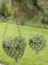 Set of 2 Large Shabby Chic Green Fancy Ornate Metal Hanging Baskets Planters