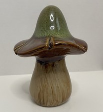 Whimsical Mushroom Green Brown Glaze Top Ceramic Garden Pottery 5.5” Cottagecore