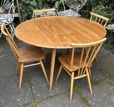 Vintage Ercol Round Slightly Oval Drop Leaf Table & 4 Model 391 Stickback Chairs