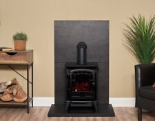 BLACK ELECTRIC STOVE LOG FIRE SLATE EFFECT FREESTANDING LARGE BACK PANELS HEARTH