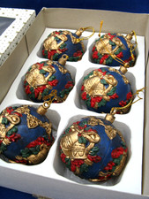 90s Vintage Harrods Blue Gold Paper Mache 6 Christmas Tree Baubles Germany Boxed