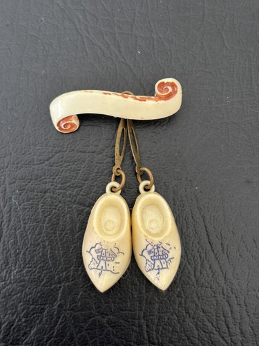 Vintage celluloid brooch clogs - celluloid,