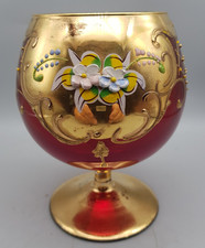 Vtg Bohemia Venetian Red & Gold Ornate Brandy Glass Handpainted 11.5 cm high (B)