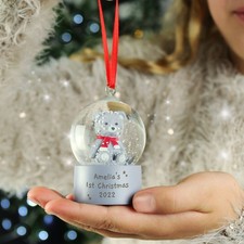 Personalised Teddy Bear Glitter Snow Globe Tree Decoration Christmas Bauble