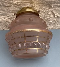 Vintage Art Deco style pink with gold bands glass ceiling pendant light fitting