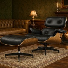 Vintage Eames Lounge Chair With Ottoman Footstool Cowhide Leather Armchair Large