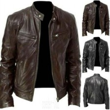 MENS  CAFE RACER BLACK BROWN LEATHER CASUAL SLIM FIT REAL BIKER JACKET 2025