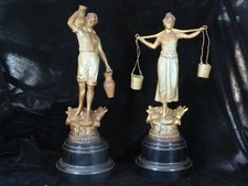 Victorian Spelter ? Cold Painted Pair Of Figures Milk Maid Lady & Pot Bearer Man