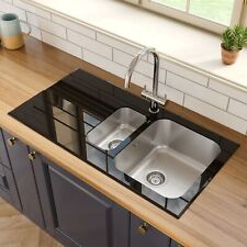 1.5 Bowl Kitchen Sink with Black Glass Surround and Left Hand Drainer Silver