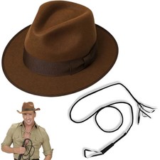 Mens Indiana Jones Style Costume Brown Explorer Hat Bull Whip Fancy Dress Outfit