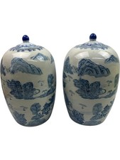 Chinese Porcelain Blue and White Mountain Landscape Lidded Vases