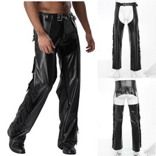 Men Western Cowboy Chaps Motorcycle Riding Pants Faux Leather Fringed Trousers