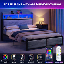 Double Bed Frame LED Headboard USB Charging Metal Platform 2 Storage Shelves