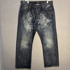 Ed Hardy Christian Audigier Rhinestone Embroidered Dragons Denim Jeans 40x32
