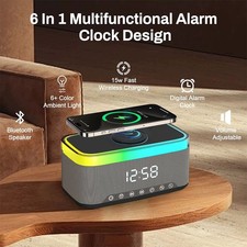 Digital Alarm Clock Charging Station Wireless Fast Charger Bluetooth Speaker UK