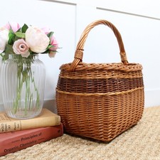 Vintage Wicker Shopping Basket with Handle. Unusual Shape & 2 Tone Weaving.