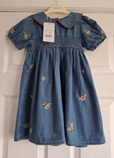 NEW MONSOON - Age 3 - 4 Years - Blue Chambray Dress with Pink Flower Embroidery