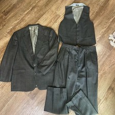 VTG Oscar De La Renta Men 43R W37-3 Piece Business Suit Wool Olive Herringbone