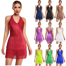Womens Latin Dance Dress Rhinestone Tassel Sleeveless Bodysuit Leotard Costume