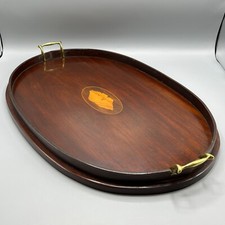 Antique Mahogany Inlaid Serving Tray EXTRA LARGE Butler Edwardian Brass Handles