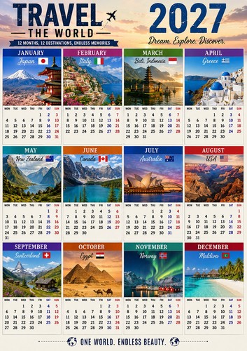 2027 travel calendar one - calendar, a3