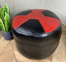 MID CENTURY VINTAGE 1960S RED & BLACK VINYL RETRO ROUND FOOTSTOOL POUFFE 16"D