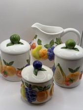 VINTAGE 3D fruit Rayware Country Kitchen Ceramic set 3 Lidded Jars & Pitcher jug