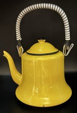 Vintage Yellow Enamel Ware Tea Coffee Pot w/ Lid & Black & White Wrapped Handle