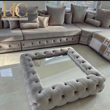 Glass coffee table velvet mirror plush grey upholstered deep buttoned