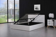 White Double 4ft6 Ottoman Storage Bed Faux Leather Lift Up Sleek Frame Bedroom