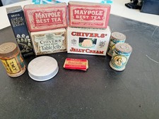 Maypole tea+ tea, Chivers Jelly, Mini Casbury and Indian Snuff tins 