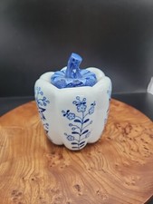 Vintage Ceramic Bell Pepper Jar Blue White Pepper Shaped Lidded Glazed Floral