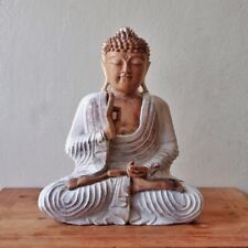 Large Hand Carved Wooden Whitewash Buddha Statue - Wood Buddhist 30cm 12" Figure