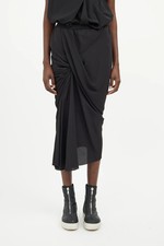 Auth RICK OWENS Long Ruched Black Silk Skirt