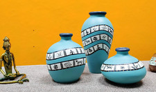 Warli Turquoise Blue Handpainted Terracotta Flower Vase, Decorative Pcs Set of 3