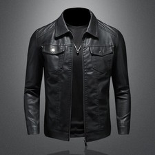 Mens Lapel Leather Casual Biker Jacket Coat Soft Motorcycle Genuine Biker Style