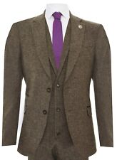 Mens Oak Brown 3 Piece Tweed Suit Vintage Harringbone 1920s Retro Peaky Blinders