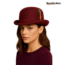 Vintage Wool Felt Bowler Hat Men Women – Formal Derby Hat w/ Feather Accent