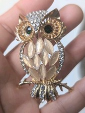 Gold Tone Pink Perched Watchful Owl Brooch With Moonstone Style Feathers