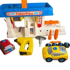 VINTAGE Fisher Price 1993 ACTION SOUNDS GARAGE Playset w/ Drill, Cars, etc.
