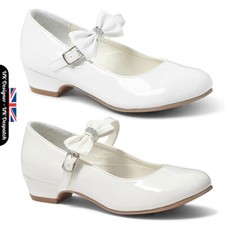 Girls Communion Shoes Patent White Ivory Mary Jane Bow Wedding Ankle Strap Heel