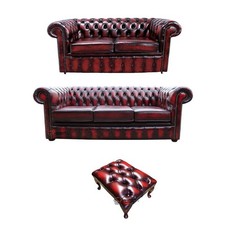 Chesterfield Sofa Suite Oxblood Italian Leather 3 Seater/2 Seater/Footstool