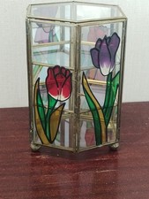 Vintage Hexagonal Glass & Metal Small Curio Cabinet Showcase Display With Mirror
