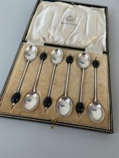 SET OF SIX ART DECO SILVER TEA COFFEE BEAN SPOONS Birmingham 1923 Elkington & Co